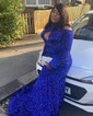 Mermaid High Neck Sparkly Velvet Sequin Prom Dresses With Long Sleeves