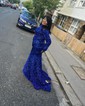 Mermaid High Neck Sparkly Velvet Sequin Prom Dresses With Long Sleeves