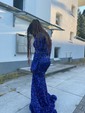Mermaid High Neck Sparkly Velvet Sequin Prom Dresses With Long Sleeves