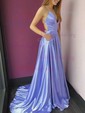 A-line Sweep Train V-neck Silk-like Satin Split Front Prom Dresses