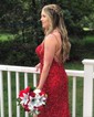 Sheath/Column Sweep Train Scoop Neck Velvet Sequins Split Front Prom Dresses