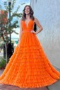 Ball Gown/Princess Floor-length V-neck Tulle Tiered Prom Dresses