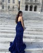 Sheath/Column Floor-length Straight Velvet Sequins Split Front Prom Dresses