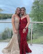 Mermaid V-neck Sparkly Velvet Sequin Prom Dresses