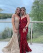 Trumpet/Mermaid Floor-length V-neck Velvet Sequins Prom Dresses