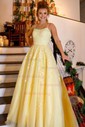 Ball Gown/Princess Scoop Neck Tulle Sweep Train Appliques Lace Prom Dresses