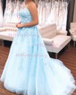 Ball Gown/Princess Scoop Neck Tulle Sweep Train Appliques Lace Prom Dresses