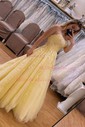 Ball Gown/Princess Scoop Neck Tulle Sweep Train Appliques Lace Prom Dresses