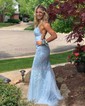 Trumpet/Mermaid Scoop Neck Tulle Sweep Train Appliques Lace Prom Dresses