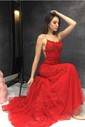 Trumpet/Mermaid Scoop Neck Tulle Sweep Train Appliques Lace Prom Dresses