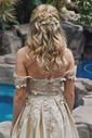 Ball Gown/Princess Sweep Train Off-the-shoulder Satin Beading Prom Dresses