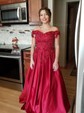 Ball Gown/Princess Sweep Train Off-the-shoulder Satin Beading Prom Dresses