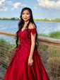 Ball Gown Off-the-shoulder Satin 3D Floral Prom Dresses With Appliques