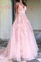 Ball Gown V-neck Tulle Lace Prom Dresses With Appliques Lace