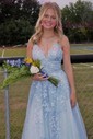 Ball Gown V-neck Tulle Lace Prom Dresses With Appliques Lace