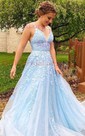 Ball Gown V-neck Tulle Lace Prom Dresses With Appliques Lace