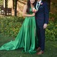 Dark Green A-line V-neck Satin Prom Dresses With Ruched