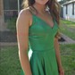 Dark Green A-line V-neck Satin Prom Dresses With Ruched