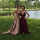 A-line Sweep Train V-neck Silk-like Satin Split Front Prom Dresses