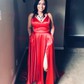 Dark Green A-line V-neck Satin Prom Dresses With Ruched