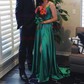 Dark Green A-line V-neck Satin Prom Dresses With Ruched