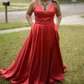 A-line Sweep Train V-neck Silk-like Satin Split Front Prom Dresses