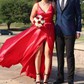 A-line Sweep Train V-neck Silk-like Satin Split Front Prom Dresses