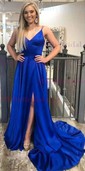 A-line Sweep Train V-neck Silk-like Satin Split Front Prom Dresses