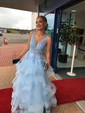 Princess V-neck Tulle Ruffle Prom Dresses With Appliques