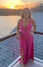 Sky Blue A-line V-neck Jersey Prom Dresses With Ruched