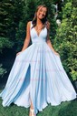 Sky Blue A-line V-neck Jersey Prom Dresses With Ruched