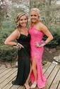 Sheath/Column One Shoulder Velvet Sequins Sweep Train Split Front Prom Dresses