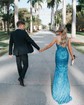 Sheath/Column One Shoulder Velvet Sequins Sweep Train Split Front Prom Dresses