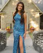 Sheath/Column One Shoulder Sparkly Velvet Sequin Prom Dresses