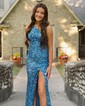 Sheath/Column One Shoulder Velvet Sequins Sweep Train Split Front Prom Dresses