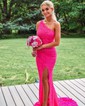 Sheath/Column One Shoulder Velvet Sequins Sweep Train Split Front Prom Dresses