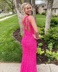 Sheath/Column One Shoulder Velvet Sequins Sweep Train Split Front Prom Dresses