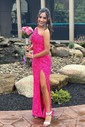 Sheath/Column One Shoulder Velvet Sequins Sweep Train Split Front Prom Dresses