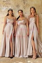 A-line Cowl Neck Silk-like Satin Sweep Train Split Front Prom Dresses