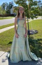 A-line Cowl Neck Silk-like Satin Sweep Train Split Front Prom Dresses