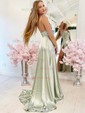 A-line Cowl Neck Silk-like Satin Sweep Train Split Front Prom Dresses