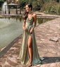 A-line Cowl Neck Silk-like Satin Sweep Train Split Front Prom Dresses