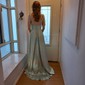 A-line Cowl Neck Silk-like Satin Sweep Train Split Front Prom Dresses