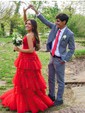 Ball Gown V-neck Tulle Ruffle Tiered Prom Dresses