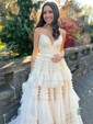 Ball Gown V-neck Tulle Ruffle Tiered Prom Dresses