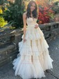 Ball Gown/Princess Sweep Train V-neck Tulle Tiered Prom Dresses