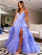 Ball Gown/Princess Sweep Train V-neck Tulle Tiered Prom Dresses