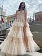 Ball Gown/Princess Sweep Train V-neck Tulle Tiered Prom Dresses