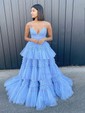 Ball Gown/Princess Sweep Train V-neck Tulle Tiered Prom Dresses