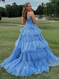 Ball Gown/Princess Sweep Train V-neck Tulle Tiered Prom Dresses